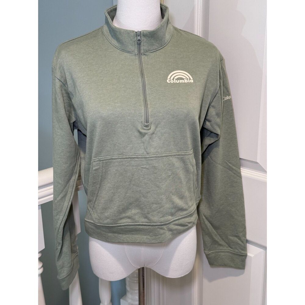 Columbia Womens S Green 1/4 Zip Pullover Sweatshirt Rainbow Logo Kangaroo Pocket